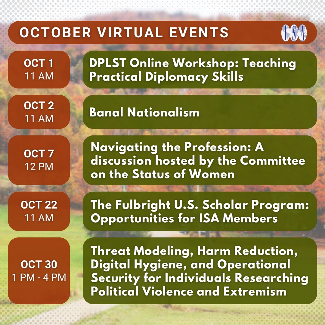 isanet's tweet image. Take a look at ISA's new lineup of #VirtualEvents happening this #October! Interested in an event? Register today: isanet.org/Programs/Virtu…
Stay up to date with our #VirtualProgramming by signing up for our mailing list, ISA Connected: isanet.org/Programs/Virtu…