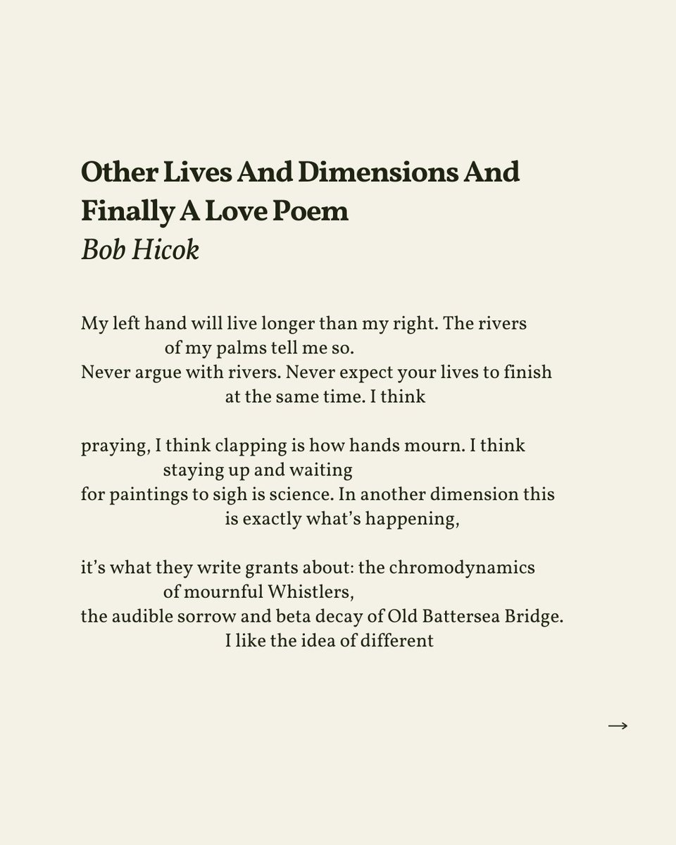 readalittlepoem's tweet image. “Here, when I say I never want to be without you, / somewhere else I am saying / I never want to be without you again.”

— Bob Hicok
.
.
.

This poem appeared in Plus Shipping by Bob Hicok, published by BOA Editions, Ltd., 1998. Shared here with deep gratitude.
