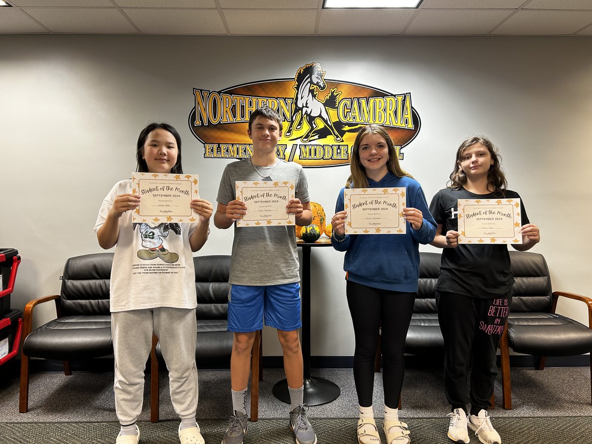 Northern Cambria School District (@ncsdcolts) on Twitter photo Congratulations to our Middle School Students of the Month for September!
8th Colton Brawley
7th Willow Patterson
6th Leeya Chen
5th Hailey Piper Congratulations to our Middle School Students of the Month for September!
8th Colton Brawley
7th Willow Patterson
6th Leeya Chen
5th Hailey Piper