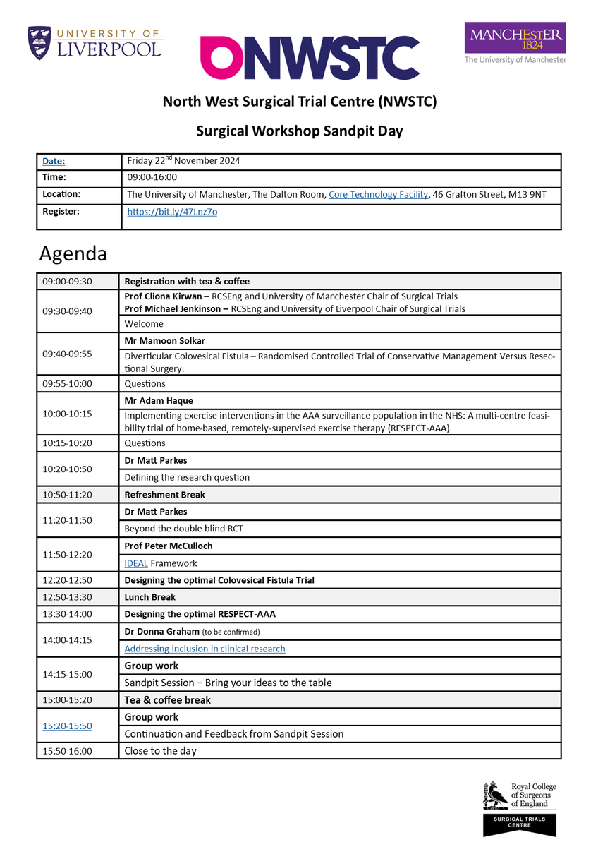 NWSTCentre's tweet photo. Our #SurgicalWorkshopSandpitDay is now confirmed for 22nd November 2024
Registration link: https://t.co/NYLUireKXQ
Agenda below 👇
#NWSTC #SurgicalClinicalTrials https://t.co/Cu8e1aQsLL