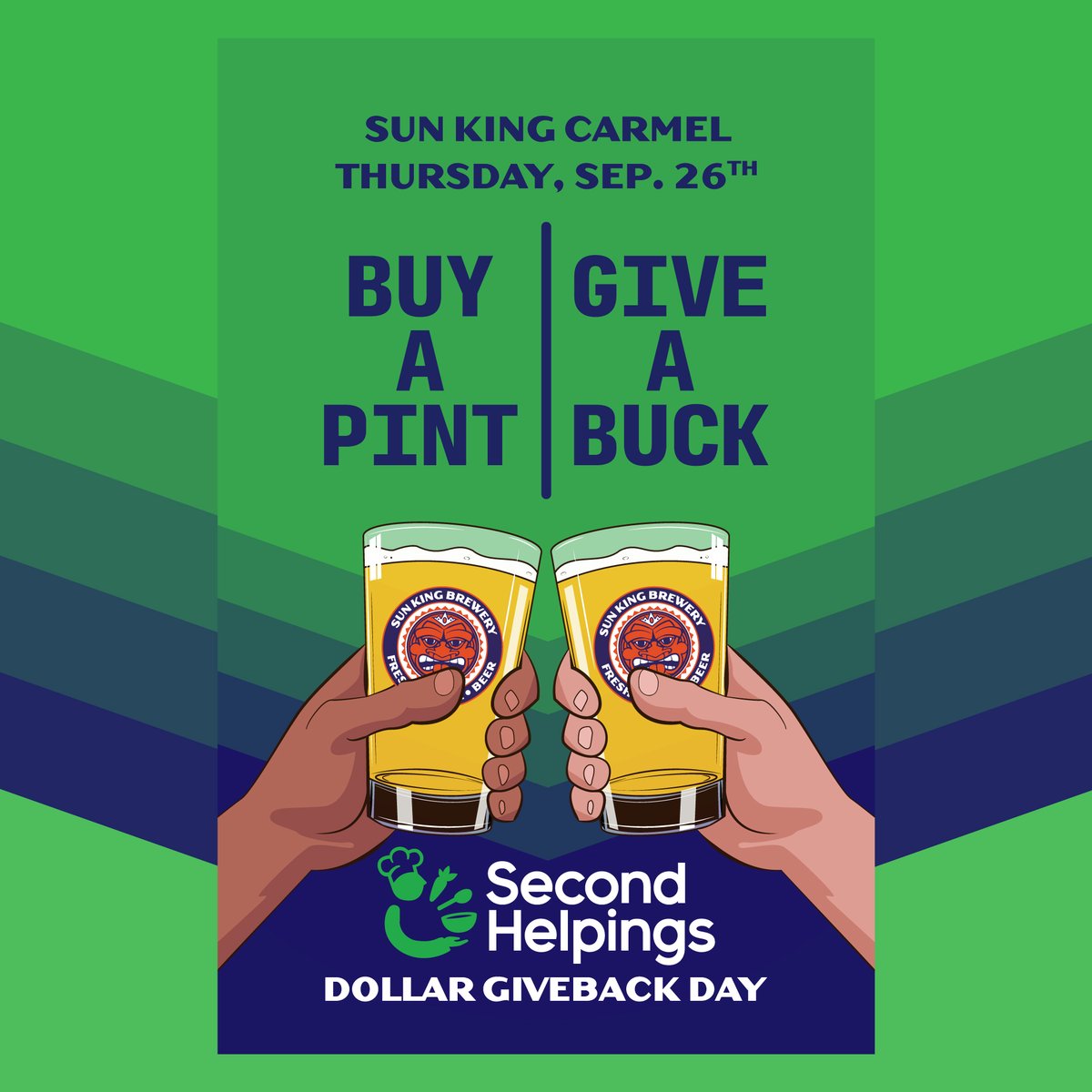 SecondHelpings's tweet photo. Today's the day! Stop by the @sunkingspirits Carmel location (Open 11am - 10pm) for a $1 Giveback Night benefitting Second Helpings.

For every pint purchased today, Sun King will donate $1.Let’s raise a pint to fighting hunger! 🍻 https://t.co/RAxOad53dO