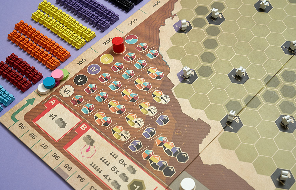 Capstone_Games's tweet photo. All aboard! 🚂 In Ride the Rails, invest in railroads, build tracks, and deliver passengers across America. Will you outmaneuver your rivals? Available now! #RideTheRails #BoardGames #TabletopGames #TrainGames https://t.co/kj1R0Pohke