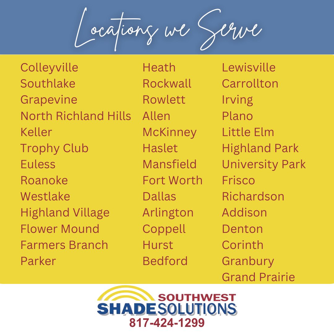 SWShadeSolution's tweet image. Southwest Shade Solutions serves these areas! Call us today if you’re interested in an awning or retractable screen! 😀

southwestshadesolutions.com