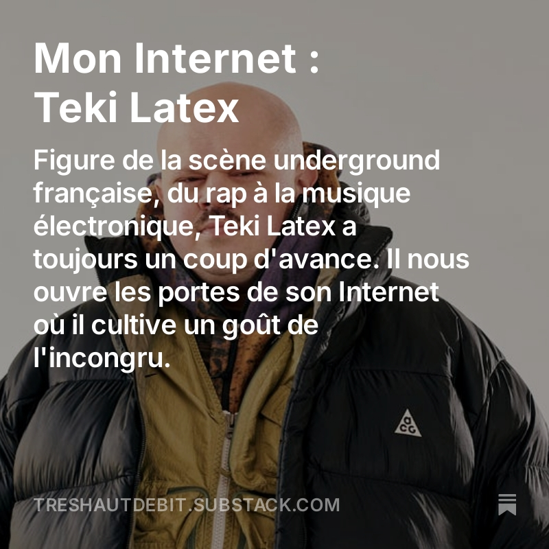 arnaud pessey (@arnaudpc_) on Twitter photo 📡 <a href="/TekiLatex/">Teki Latex</a> ouvre les portes de son Internet : Hard techno, choucroute au chocolat, de la belle godasse, un sushiman, de la pêche de poissons exotiques dans des égouts, pour finir avec la newsletter de David Bola... C'est du Très-Haut-débit.
treshautdebit.substack.com/p/mon-internet… 📡 <a href="/TekiLatex/">Teki Latex</a> ouvre les portes de son Internet : Hard techno, choucroute au chocolat, de la belle godasse, un sushiman, de la pêche de poissons exotiques dans des égouts, pour finir avec la newsletter de David Bola... C'est du Très-Haut-débit.
treshautdebit.substack.com/p/mon-internet…
