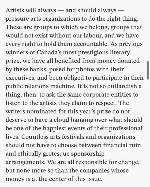 Madeleine Thien (@madeleinethien) on Twitter photo Thank you <a href="/TorontoStar/">Toronto Star</a> and <a href="/LP_LaPresse/">La Presse</a> for publishing our letter, signed by eight winners of the <a href="/GillerPrize/">Giller Prize</a>. We have benefited, and also participated in <a href="/scotiabank/">Scotiabank</a> public relations. It is not out of line, I feel, to ask them to listen to the artists they claim to respect. Thank you <a href="/TorontoStar/">Toronto Star</a> and <a href="/LP_LaPresse/">La Presse</a> for publishing our letter, signed by eight winners of the <a href="/GillerPrize/">Giller Prize</a>. We have benefited, and also participated in <a href="/scotiabank/">Scotiabank</a> public relations. It is not out of line, I feel, to ask them to listen to the artists they claim to respect.