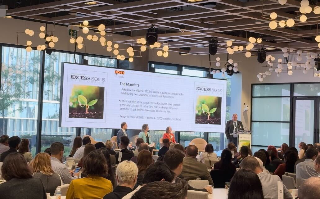 On the #ExcessSoilsSymposium Best Practices panel: moderator Grant Walsom with panelists Shannon Hunt, Jim Walls, and Freesia Waxman discuss the QPCO Management Practice Guidance for Reuse Sites as per a need identified by the Ministry of the Environment, Conservation and Parks.