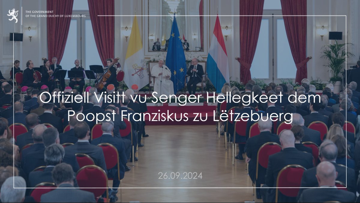 gouv_lu's tweet photo. Au Cercle Cité Sa Sainteté le Pape François a rencontré les autorités nationales et la population. | At the Cercle Cité His Holiness Pope Francis met national authorities and members of the public. ➡️ https://t.co/0GSeJYnZK3
#POPEinLU #gouvernementLU https://t.co/Aupl9uo6Pj