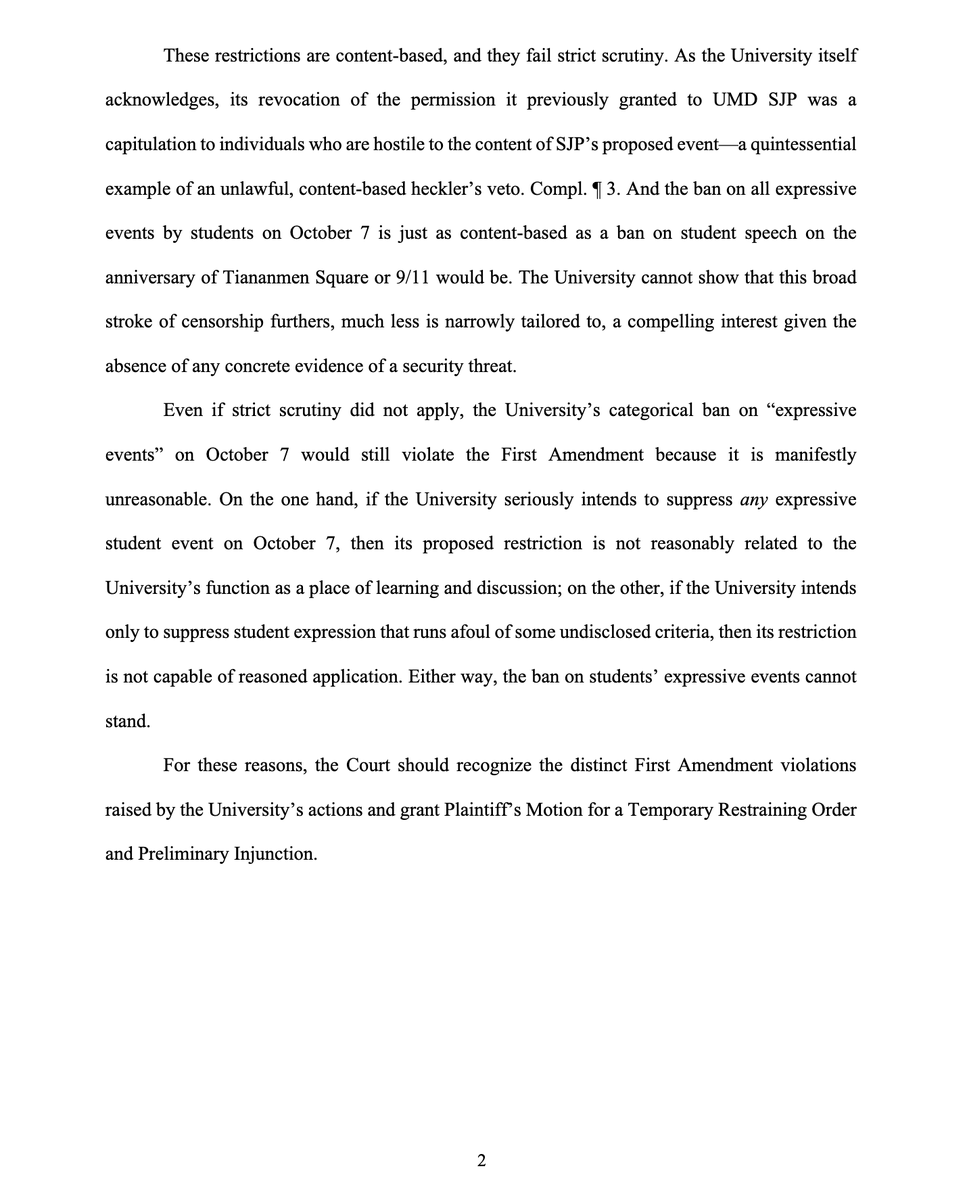 JUST FILED: FIRE joins the <a href="/ACLU/">ACLU</a>, <a href="/ACLU_MD/">ACLU of Maryland</a>, and <a href="/knightcolumbia/">Knight First Amendment Institute</a> on a brief supporting a lawsuit filed by Students for Justice in Palestine at the University of Maryland, pushing back on UMD’s unconstitutional ban on student-led expressive events scheduled for Oct. 7.