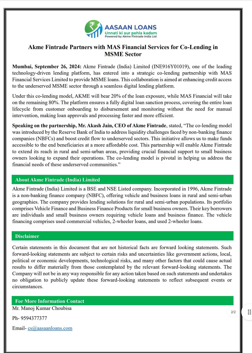 Stockxwatcher's tweet photo. #Akme Fintrade Partners with MAS Financial for MSME Co-Lending
Summary: Akme #Fintrade has formed a strategic co-lending partnership with MAS Financial Services to enhance credit access for the underserved MSME sector, with Akme covering 20% of the loan exposure. The collaboration aims to streamline loan processing through a fully digital platform, enabling quicker approvals and support for small business owners in rural and semi-urban areas.