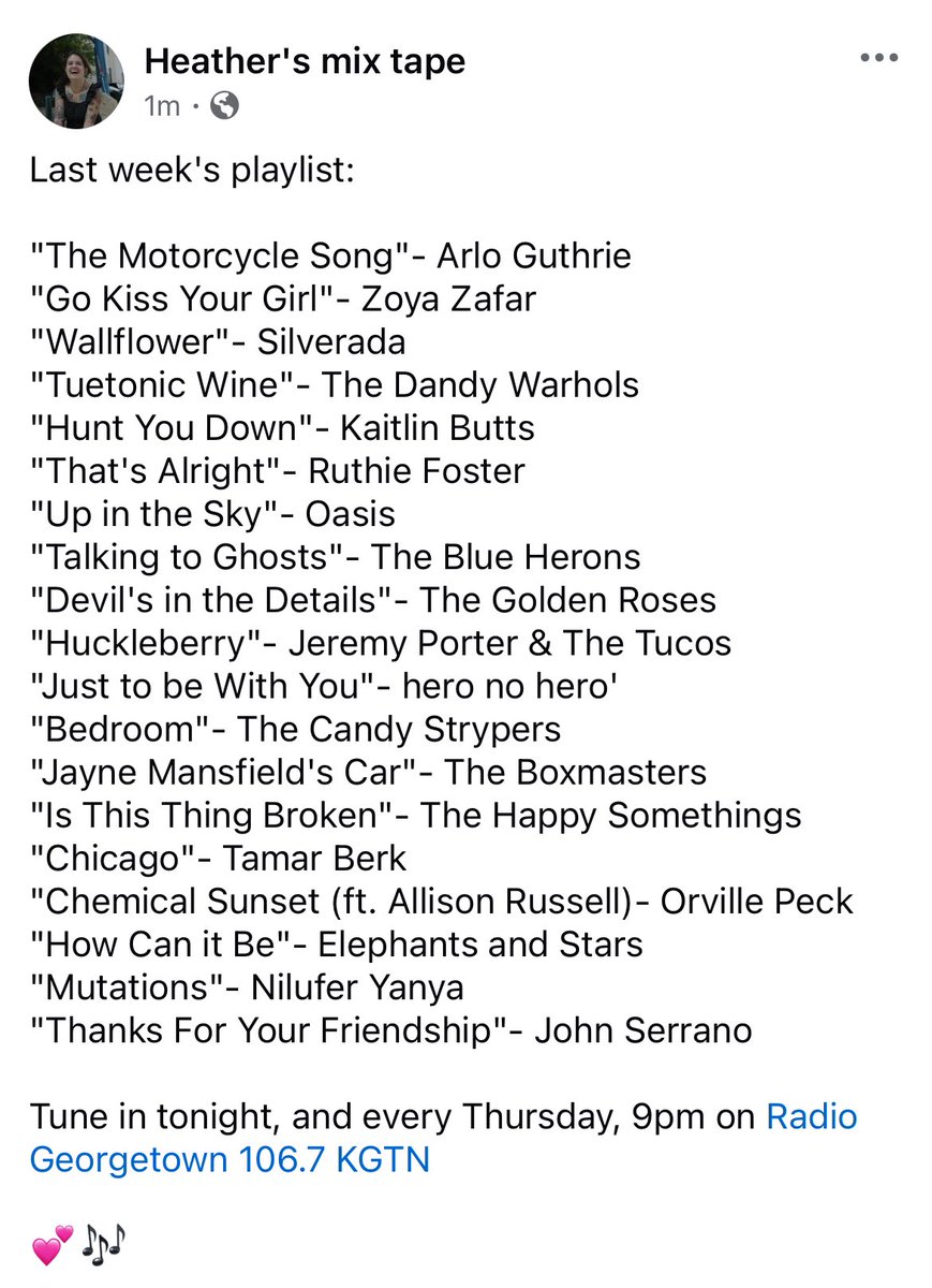 heather’s mix tape (@heathersmixtape) on Twitter photo Last week featured- <a href="/folkslinger/">Arlo Guthrie</a>, <a href="/zoyazafar/">Zoya Zafar</a>, <a href="/TheDandyWarhols/">The Dandy Warhols</a>, <a href="/KaitlinButts/">Kaitlin Butts</a>, @_RuthieFoster_, <a href="/blueheronsmusic/">Blue Herons</a>, <a href="/TheGoldenRoses2/">John Mutchler</a>, <a href="/jeremyporterMI/">Jeremy Porter</a>, <a href="/CandyStrypers/">The Candy Strypers</a>, <a href="/TheBoxmasters/">The Boxmasters</a>, <a href="/somehappything/">The Happy Somethings</a>, <a href="/TamarBerk/">Tamar Berk</a>, <a href="/orvillepeck/">Orville Peck</a>, <a href="/ElephantsStars/">Elephants and Stars</a>, <a href="/John__Serrano/">John Serrano</a> &more on <a href="/KGTNGeorgetown/">KGTN Radio</a> Last week featured- <a href="/folkslinger/">Arlo Guthrie</a>, <a href="/zoyazafar/">Zoya Zafar</a>, <a href="/TheDandyWarhols/">The Dandy Warhols</a>, <a href="/KaitlinButts/">Kaitlin Butts</a>, @_RuthieFoster_, <a href="/blueheronsmusic/">Blue Herons</a>, <a href="/TheGoldenRoses2/">John Mutchler</a>, <a href="/jeremyporterMI/">Jeremy Porter</a>, <a href="/CandyStrypers/">The Candy Strypers</a>, <a href="/TheBoxmasters/">The Boxmasters</a>, <a href="/somehappything/">The Happy Somethings</a>, <a href="/TamarBerk/">Tamar Berk</a>, <a href="/orvillepeck/">Orville Peck</a>, <a href="/ElephantsStars/">Elephants and Stars</a>, <a href="/John__Serrano/">John Serrano</a> &more on <a href="/KGTNGeorgetown/">KGTN Radio</a>