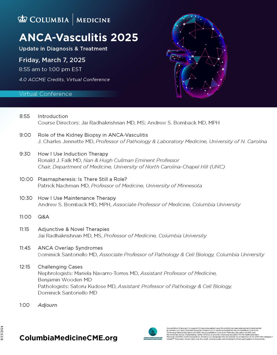 Happy Thursday! Registration is open for ANCA-Vasculitis 2025: Update in Diagnosis and Treatment (March 7, 2025). Feel free to register for our virtual program using the following link: eventleaf.com/Attendee/Atten…