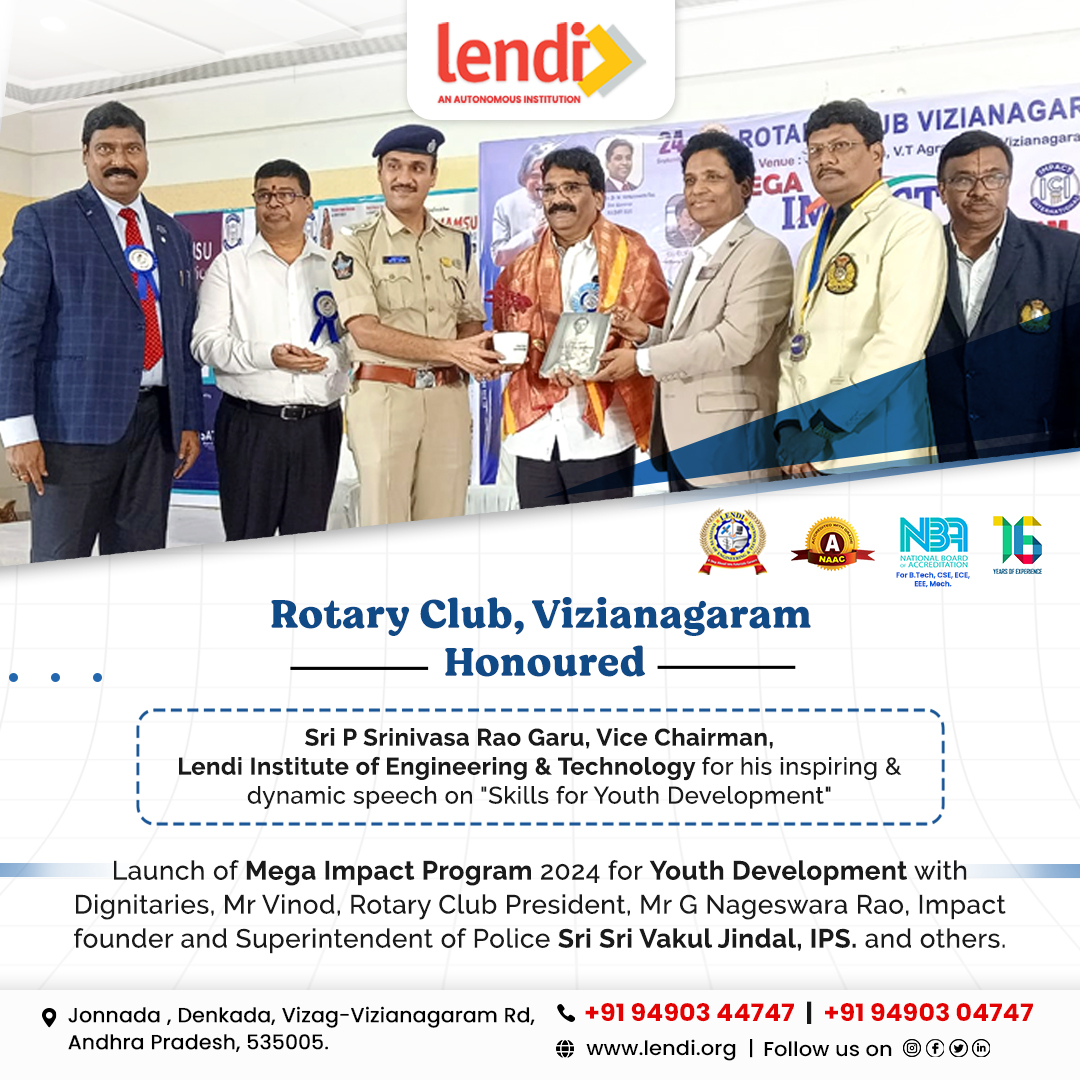 lendi2008's tweet photo. Our Vice Chairman, Sri P. Srinivasa Rao Garu, was honoured by Rotary Club Vizianagaram for his energetic and insightful speech on "Skills for Youth Development" 
#lendi #lendieducationalinstitution #lendiengcollege #vizag #vizianagaram #YouthSkills #ImpactfulSpeech #RotaryClub https://t.co/Qj3ojimnd1