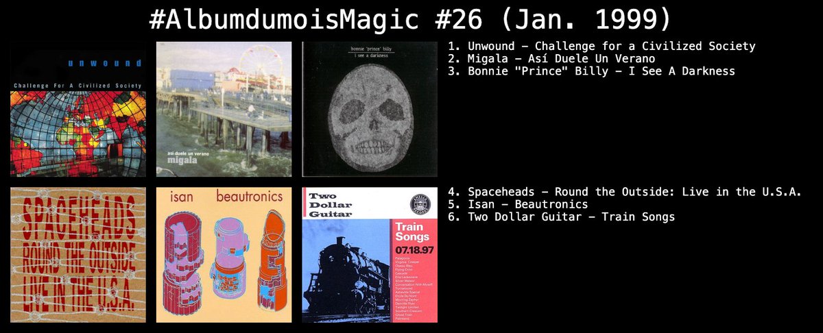 Matthieu (@goodmornincaptn) on Twitter photo Mon top #AlbumdumoisMagic #26 de janvier 99
<a href="/Cartney69/">François F.</a>:
🥇 Unwound - Challenge for a Civilized Society
🥈 Migala - Así Duele Un Verano
🥉 Bonnie 'Prince' Billy - I See a Darkness
+ bonus: Spaceheads (jazz/dub/d&b/ambient), Isan (idm) et les impro du side-project de Steve Shelley Mon top #AlbumdumoisMagic #26 de janvier 99
<a href="/Cartney69/">François F.</a>:
🥇 Unwound - Challenge for a Civilized Society
🥈 Migala - Así Duele Un Verano
🥉 Bonnie 'Prince' Billy - I See a Darkness
+ bonus: Spaceheads (jazz/dub/d&b/ambient), Isan (idm) et les impro du side-project de Steve Shelley
