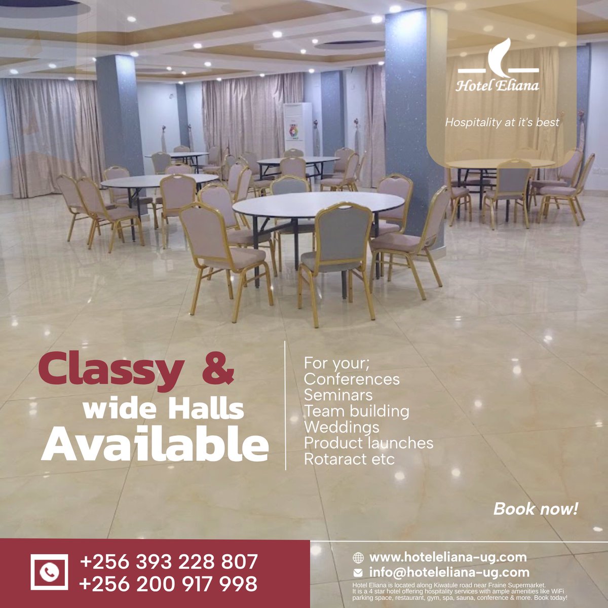 ug_eliana's tweet photo. We have wide halls available for all kinds of functions. Donโt struggle finding your wedding, workshop or conference space, write us an email, a DM or phone call on either of the contacts below.
#HotelEliana #ClassyHangouts #ConferenceSpaces https://t.co/GV8iZGUqtw