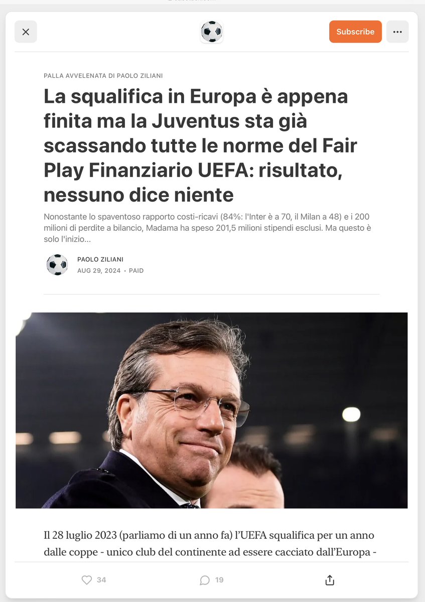 ZZiliani's tweet photo. Il giorno delle soddisfazioni (2): il Corsport scopre che la Juventus sarà sanzionata dall'UEFA, che il mercato è stato folle e che Vlahovic in rosa è una pietra legata al collo
Incredibile ma vero, anche il quotidiano sportivo romano scopre oggi all'improvviso il dramma dei conti-Juve: il pareggio di bilancio fissato al 2026 è già finito in soffitta, Giuntoli ha speso soldi che il club non poteva spendere, la vera croce non era Chiesa ma Vlahovic e l'UEFA sanzionerà il club che ha già sgarrato il settlement agreement. "Solo in Italia tutto ciò può accadere", dice giustamente Alessandro F. Giudice. Io lo scrivo da mesi (anzi da anni): benvenuto sulla terra anche al giornale romano

Chiedo scusa ai miei lettori, ma dopo essermi consolato - e anche un po’ inorgoglito - vedendo la Gazzetta dello Sport (richiamo in prima pagina e doppio paginone ad aprire il giornale) accorgersi oggi, all’improvviso, del giallo del Mondiale per Club che non solo naviga in cattive acque ma corre il serio rischio di naufragare prima di arrivare in porto, cosa di cui io scrivevo e riferivo da molti mesi in totale solitudine mentre la grancassa dei media impazzava e gli aedi del nuovo torneo FIFA facevano a gara nel cantarne gloria e magnificenza, non ce la faccio a trattenermi: e dopo aver sfogliato l’altro giornale sportivo, il Corriere dello Sport, mi sono ancor più consolato - e ancor più inorgoglito - prendendo atto, quasi incredulo, che anche il quotidiano romano ha scoperto di colpo la montagna di malefatte, o se preferite la zavorra di magagne che da anni sta rischiando di far colare a picco la corazzata Juventus.

Settimo bilancio chiuso in paurosa perdita, un miliardo di aumenti di capitale bruciati in cinque anni, un mercato che doveva essere condotto al risparmio e che Giuntoli ha cavalcato invece in modo folle con pazzie come gli acquisti di Douglas Luiz e Koopmeiners (110 milioni stipendi esclusi), la tragedia di Vlahovic rimasto in organico col suo insostenibile stipendio da 23 milioni lordi a stagione, lo sponsor che non c’è, la certezza dei fulmini dell’UEFA che a fine stagione si abbatteranno sul club che appena rientrato in gioco dopo la squalifica europea ha ricominciato a disobbedire al settlement agreement e a ricadere nel vizio delle plusvalenze farlocche: tutte cose di cui il Corriere dello Sport riferisce oggi e, chi mi segue lo sa, di cui io riferisco e scrivo da mesi, per non dire da anni, illeciti e malefatte che denuncio a pie’ sospinto susseguendosi quasi a cadenza quotidiana.

E tuttavia (e non mi riferisco qui ad Alessandro F. Giudice, l’ottimo giornalista, nonché manager e consulente aziendale che si è occupato oggi, trattandolo in modo esaustivo, dell’argomento: ma mi riferisco al giornale) il Corriere dello Sport, come peraltro la stragrande maggioranza dei quotidiani e dei media italiani, fino a ieri di tutto ciò si era bellamente disinteressato. E anzi la sua voce, nel coro dei magnificanti della Real Casa, si era sempre alzata forte e stentorea riservando i suoi osanna a tutto il cucuzzaro bianconero, da John Elkann a Giuntoli a Vlahovic senza distinzioni di sorta. La favola invece era diversa: non era Alice nel Paese delle Meraviglie, ma Alice nel Paese delle Sconcezze (di bilancio e non solo di bilancio): dove per Alice s’intende la Vecchia Signora del calcio italiano che pur avendo le pezze al culo continua a spendere e a spandere, tanto nessuno - almeno nel Belpaese - le dice niente. “Il messaggio - scrive oggi Alessandro F. Giudice sul Corriere dello Sport - è che in Italia si può beatamente competere con livelli di costi enormemente superiori ai concorrenti nell’assenza di regole che vietino il ricorso sfrenato al capitale degli azionisti a copertura di perdite: nella Premier, da molti tanto invocata, questo non succede”.

Grazie, quindi, ad Alessandro F. Giudice che non ha paura a definire scandalo lo scandalo Juventus in Italia. Grazie a lui e benvenuto sulla terra, dopo il benvenuto dato alla Gazzetta, anche al Corriere dello Sport. Che oggi, lasciando probabilmente di stucco i suoi lettori, ha finalmente deciso di dire - sbattendola in prima pagina - la verità: la Juventus “regina del mercato” tanto lodata è un club che non si regge in piedi, cui servono nuovi tagli, per cui Giuntoli ha speso soldi che non poteva spendere, un club ha già sgarrato gli impegni presi con l’UEFA per il settlement agreement, che riconosce ai suoi giocatori (Vlahovic in testa) stipendi insostenibili, che si era dato un obiettivo di pareggio di bilancio al 2025-26 già finito nel dimenticatoio, un club che gioca ancora in Serie A solo perchè la Serie A ha abolito le regole minime di decenza che in altri Paesi e in altri campionati avrebbero già spedito la Juventus tra i dilettanti.

E sì, chiedo ancora scusa ai miei lettori, specie ai miei abbonati, per questa ulteriore concessione alla vanità che mi concedo. Ma ci tengo a dire, anche se chi mi segue già lo sa, che di tutto questo marciume su cui l’Istituto Luce ha sparso e continua a spargere cortine fumogene, io non ho mai smesso - anche se lasciato solo da tutti - di occuparmi. E di farne denuncia. E sono contento. Per me. E per i miei lettori e abbonati, che so di non tradire.

P.S. Se, come per questo argomento, vi sta a cuore sapere prima e subito tutte le verità che l'informazione di Palazzo non vi dirà mai, o le opinioni scomode che nessuno osa esporre, vi invito a visitare il mio sito https://t.co/l4gP5JEXPE che ha già centinaia di abbonati a pagamento e migliaia di abbonati free. Gli altri vi raccontano Alice nel Paese delle Meraviglie, in "Palla Avvelenata" troverete invece tutte le notizie anticipate, pubblicate e commentate senza guardare in faccia a nessuno: se non altro, smetterete di essere presi in giro