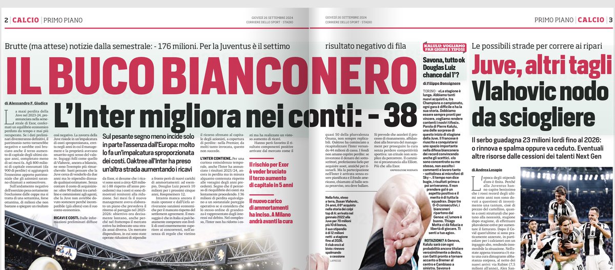 ZZiliani's tweet photo. Il giorno delle soddisfazioni (2): il Corsport scopre che la Juventus sarà sanzionata dall'UEFA, che il mercato è stato folle e che Vlahovic in rosa è una pietra legata al collo
Incredibile ma vero, anche il quotidiano sportivo romano scopre oggi all'improvviso il dramma dei conti-Juve: il pareggio di bilancio fissato al 2026 è già finito in soffitta, Giuntoli ha speso soldi che il club non poteva spendere, la vera croce non era Chiesa ma Vlahovic e l'UEFA sanzionerà il club che ha già sgarrato il settlement agreement. "Solo in Italia tutto ciò può accadere", dice giustamente Alessandro F. Giudice. Io lo scrivo da mesi (anzi da anni): benvenuto sulla terra anche al giornale romano

Chiedo scusa ai miei lettori, ma dopo essermi consolato - e anche un po’ inorgoglito - vedendo la Gazzetta dello Sport (richiamo in prima pagina e doppio paginone ad aprire il giornale) accorgersi oggi, all’improvviso, del giallo del Mondiale per Club che non solo naviga in cattive acque ma corre il serio rischio di naufragare prima di arrivare in porto, cosa di cui io scrivevo e riferivo da molti mesi in totale solitudine mentre la grancassa dei media impazzava e gli aedi del nuovo torneo FIFA facevano a gara nel cantarne gloria e magnificenza, non ce la faccio a trattenermi: e dopo aver sfogliato l’altro giornale sportivo, il Corriere dello Sport, mi sono ancor più consolato - e ancor più inorgoglito - prendendo atto, quasi incredulo, che anche il quotidiano romano ha scoperto di colpo la montagna di malefatte, o se preferite la zavorra di magagne che da anni sta rischiando di far colare a picco la corazzata Juventus.

Settimo bilancio chiuso in paurosa perdita, un miliardo di aumenti di capitale bruciati in cinque anni, un mercato che doveva essere condotto al risparmio e che Giuntoli ha cavalcato invece in modo folle con pazzie come gli acquisti di Douglas Luiz e Koopmeiners (110 milioni stipendi esclusi), la tragedia di Vlahovic rimasto in organico col suo insostenibile stipendio da 23 milioni lordi a stagione, lo sponsor che non c’è, la certezza dei fulmini dell’UEFA che a fine stagione si abbatteranno sul club che appena rientrato in gioco dopo la squalifica europea ha ricominciato a disobbedire al settlement agreement e a ricadere nel vizio delle plusvalenze farlocche: tutte cose di cui il Corriere dello Sport riferisce oggi e, chi mi segue lo sa, di cui io riferisco e scrivo da mesi, per non dire da anni, illeciti e malefatte che denuncio a pie’ sospinto susseguendosi quasi a cadenza quotidiana.

E tuttavia (e non mi riferisco qui ad Alessandro F. Giudice, l’ottimo giornalista, nonché manager e consulente aziendale che si è occupato oggi, trattandolo in modo esaustivo, dell’argomento: ma mi riferisco al giornale) il Corriere dello Sport, come peraltro la stragrande maggioranza dei quotidiani e dei media italiani, fino a ieri di tutto ciò si era bellamente disinteressato. E anzi la sua voce, nel coro dei magnificanti della Real Casa, si era sempre alzata forte e stentorea riservando i suoi osanna a tutto il cucuzzaro bianconero, da John Elkann a Giuntoli a Vlahovic senza distinzioni di sorta. La favola invece era diversa: non era Alice nel Paese delle Meraviglie, ma Alice nel Paese delle Sconcezze (di bilancio e non solo di bilancio): dove per Alice s’intende la Vecchia Signora del calcio italiano che pur avendo le pezze al culo continua a spendere e a spandere, tanto nessuno - almeno nel Belpaese - le dice niente. “Il messaggio - scrive oggi Alessandro F. Giudice sul Corriere dello Sport - è che in Italia si può beatamente competere con livelli di costi enormemente superiori ai concorrenti nell’assenza di regole che vietino il ricorso sfrenato al capitale degli azionisti a copertura di perdite: nella Premier, da molti tanto invocata, questo non succede”.

Grazie, quindi, ad Alessandro F. Giudice che non ha paura a definire scandalo lo scandalo Juventus in Italia. Grazie a lui e benvenuto sulla terra, dopo il benvenuto dato alla Gazzetta, anche al Corriere dello Sport. Che oggi, lasciando probabilmente di stucco i suoi lettori, ha finalmente deciso di dire - sbattendola in prima pagina - la verità: la Juventus “regina del mercato” tanto lodata è un club che non si regge in piedi, cui servono nuovi tagli, per cui Giuntoli ha speso soldi che non poteva spendere, un club ha già sgarrato gli impegni presi con l’UEFA per il settlement agreement, che riconosce ai suoi giocatori (Vlahovic in testa) stipendi insostenibili, che si era dato un obiettivo di pareggio di bilancio al 2025-26 già finito nel dimenticatoio, un club che gioca ancora in Serie A solo perchè la Serie A ha abolito le regole minime di decenza che in altri Paesi e in altri campionati avrebbero già spedito la Juventus tra i dilettanti.

E sì, chiedo ancora scusa ai miei lettori, specie ai miei abbonati, per questa ulteriore concessione alla vanità che mi concedo. Ma ci tengo a dire, anche se chi mi segue già lo sa, che di tutto questo marciume su cui l’Istituto Luce ha sparso e continua a spargere cortine fumogene, io non ho mai smesso - anche se lasciato solo da tutti - di occuparmi. E di farne denuncia. E sono contento. Per me. E per i miei lettori e abbonati, che so di non tradire.

P.S. Se, come per questo argomento, vi sta a cuore sapere prima e subito tutte le verità che l'informazione di Palazzo non vi dirà mai, o le opinioni scomode che nessuno osa esporre, vi invito a visitare il mio sito https://t.co/l4gP5JEXPE che ha già centinaia di abbonati a pagamento e migliaia di abbonati free. Gli altri vi raccontano Alice nel Paese delle Meraviglie, in "Palla Avvelenata" troverete invece tutte le notizie anticipate, pubblicate e commentate senza guardare in faccia a nessuno: se non altro, smetterete di essere presi in giro