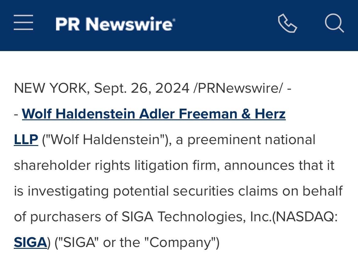 scrowder's tweet image. 🚨 BREAKING 🚨

@WHAFH Has Officially Announced an Investigation Into $SIGA for Violations of Federal Securities Laws!

“On September 25, 2024, video was released of Dr. Varma detailing how he and SIGA were engaged in a media "spin" campaign to salvage TPOXX as a mpox treatment