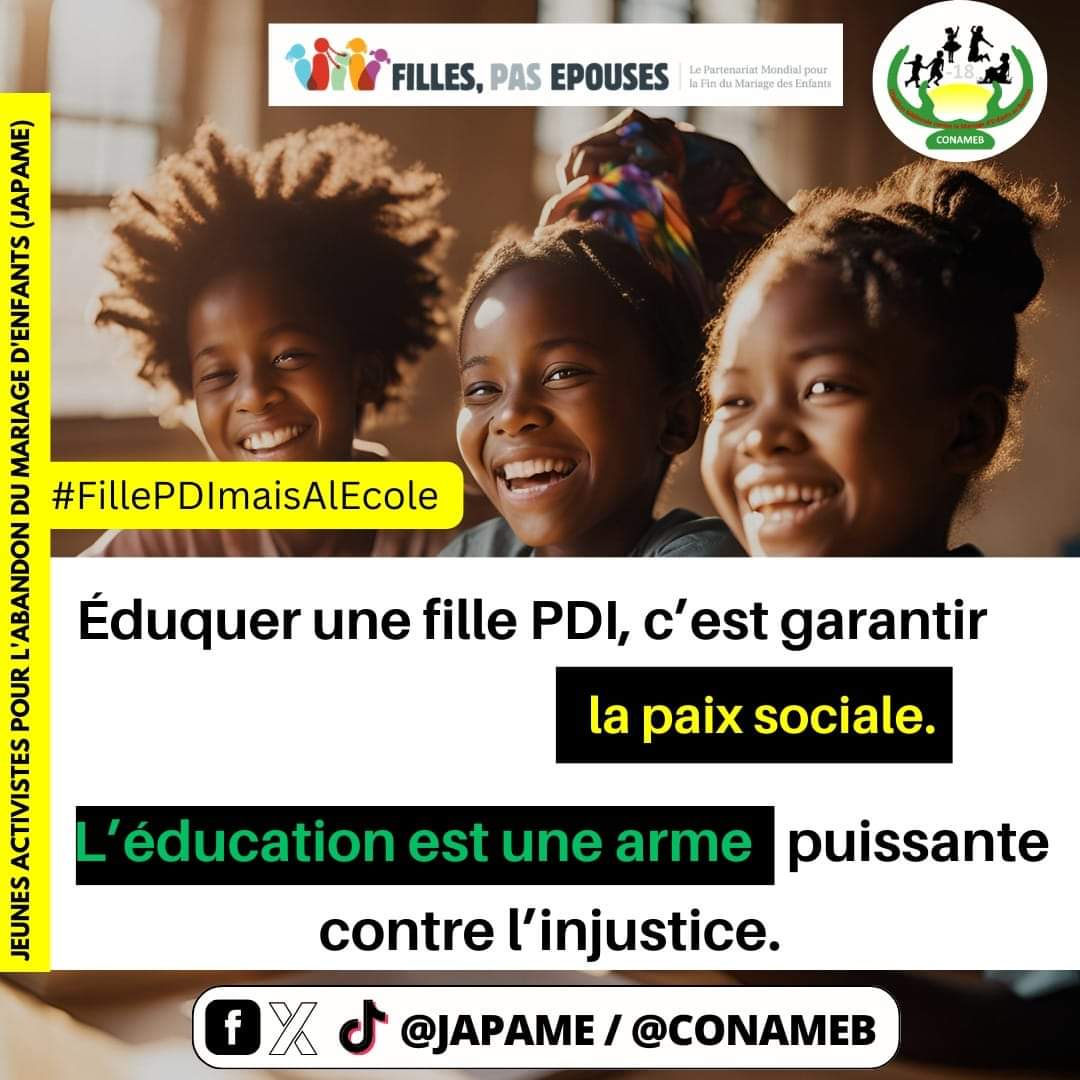 JapameB's tweet photo. 🕊️ Éduquer une fille PDI, c’est garantir la paix sociale. L’éducation est une arme puissante contre l’injustice.
#FillePDImaisALecole #BurkinaEducatesHer #Conameb #Japame #PDIMaisScolarisee #FillesPasEpouses #EndChildMarriage #lwili https://t.co/LXyUxoQtI1