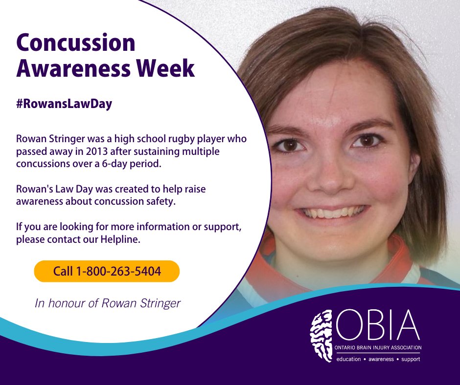 Yesterday was #RowansLawDay in Ontario. Rowan's Law Day was created to help raise awareness about concussion safety. It's important to know the signs &amp; symptoms of concussion.
For more info or support, please contact OBIA at 1-800-263-5404. 
<a href="/RowansLaw/">Rowans Legacy</a> 
#braininjury
#concussion