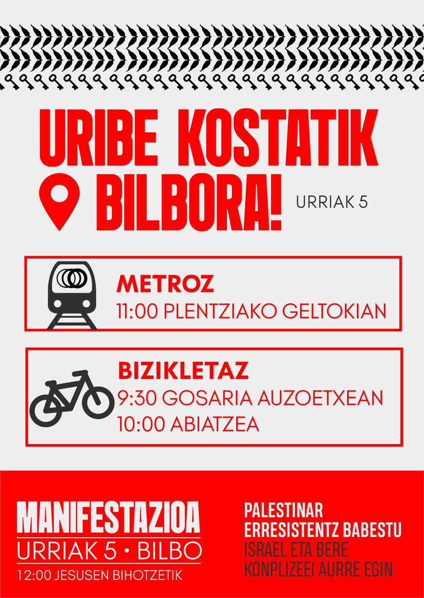 MANIFESTAZIOA: Palestinar erresistentzia babestu. Israel eta bere konplizeei aurre egin!
Uribe Kostatik ere Pelastinarekin elkartasuna! ERDU! 
Erakuts dezagun gure lurraldetik ere Palestinari elkartasuna. ✊