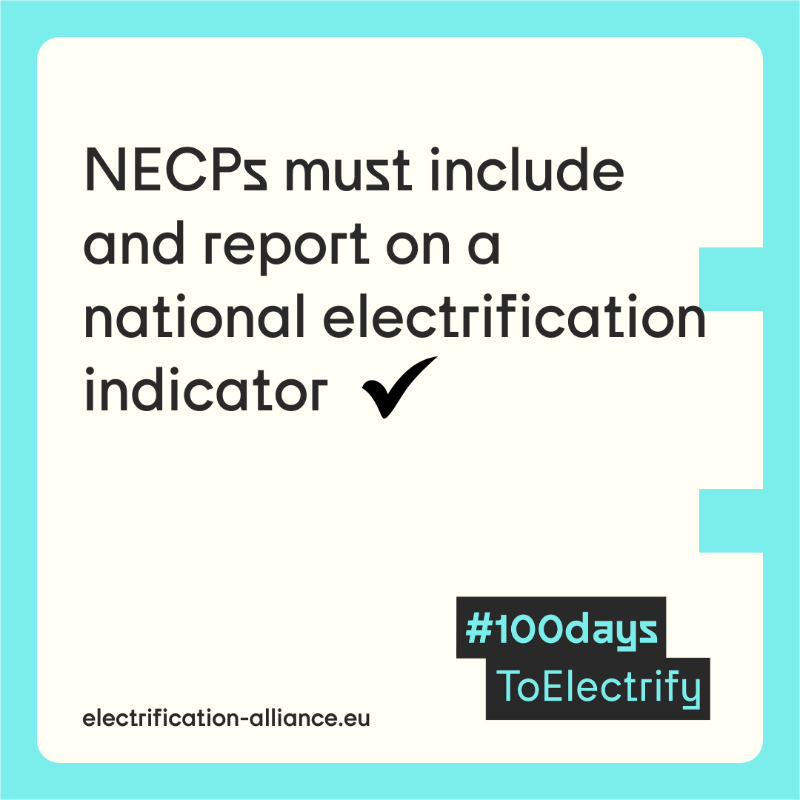 Elec_All's tweet photo. We urge the @EU_Commission to include a national #electrification⚡️ indicator in the National Energy and Climate Plans (#NECPs) & deliver an Electrification Action Plan within its first 100 days❗️
This is crucial to deliver the EU's climate targets🎯
Join #100daysToElectrify 👇