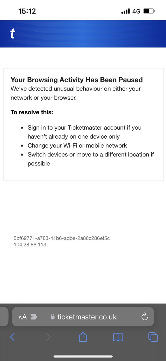 _stevegoodwin's tweet photo. @TicketmasterUK once again fucking up the sale of major gig tickets!!
Queue patiently for over an hour (after the 3.5 hrs this AM) to get down to 1 person ahead of me to then be greeted by below message!! 
Only unusual behaviour is by you #ticketmasteruk 
@coldplay #coldplay2025 https://t.co/sVJKXujEar
