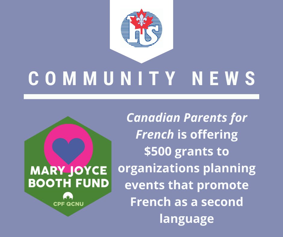 qfhsa's tweet photo. Grants Available!
Canadian Parents for French - Québec &amp; Nunavut is awarding grants to organizations creating opportunities for youth to learn/practice their French. Find out how to apply here: https://t.co/ETVQCC9H0Y
Deadline for applications: December 6th https://t.co/ki7V48vSFG