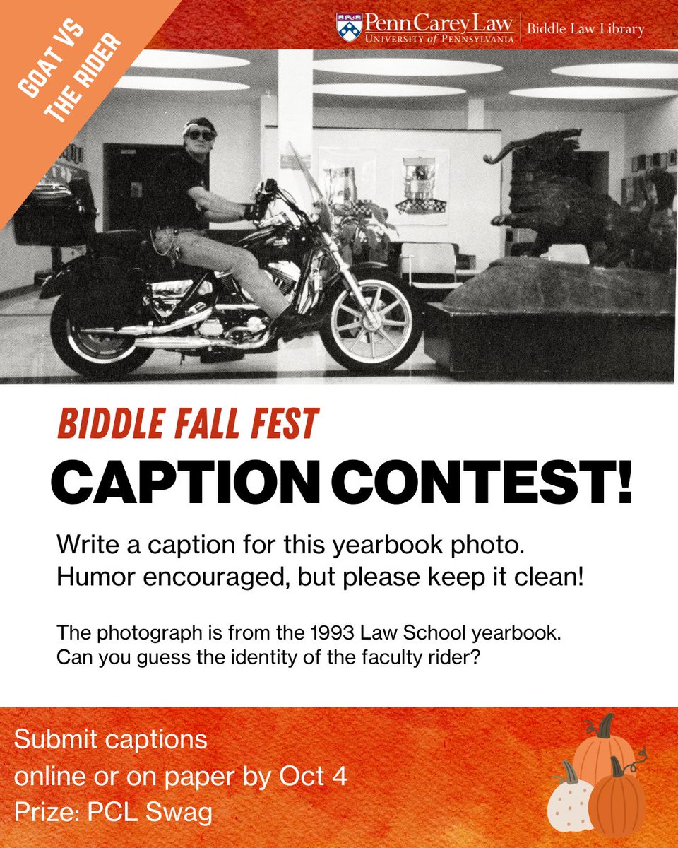 biddlelibrary's tweet photo. Get a head start on Fall Fest fun with our contests! Come up with a funny caption for this picture from the 1993 edition of the law school's yearbook. Submit your captions online or in person in the library gateway. Please keep it clean!
https://t.co/SESwnWrV07 https://t.co/uXPtDEo7uc