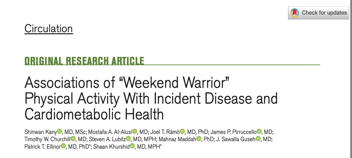 Abdulla A. Damluji, MD, PhD (@drdamluji) on Twitter photo Associations of “Weekend Warrior” Physical Activity With Incident Disease and Cardiometabolic Health: <a href="/CircAHA/">Circulation</a>
🥸 Are you a weekend warrior?
😱 It is below: Summary
👇👇👇 Associations of “Weekend Warrior” Physical Activity With Incident Disease and Cardiometabolic Health: <a href="/CircAHA/">Circulation</a>
🥸 Are you a weekend warrior?
😱 It is below: Summary
👇👇👇