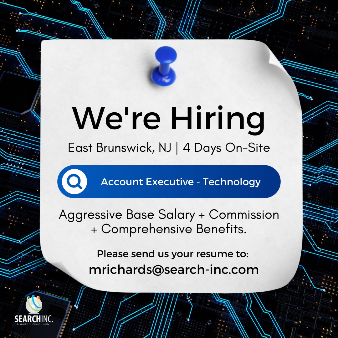 Account Executive - Technology
East Brunswick, NJ | 4 Days On-Site

We’re looking for a motivated individual with a passion for sales and a knack for developing new business opportunities.

📧 mrichards@search-inc.com

#AccountExecutive #Technology #EastBrunswickJobs #SearchInc
