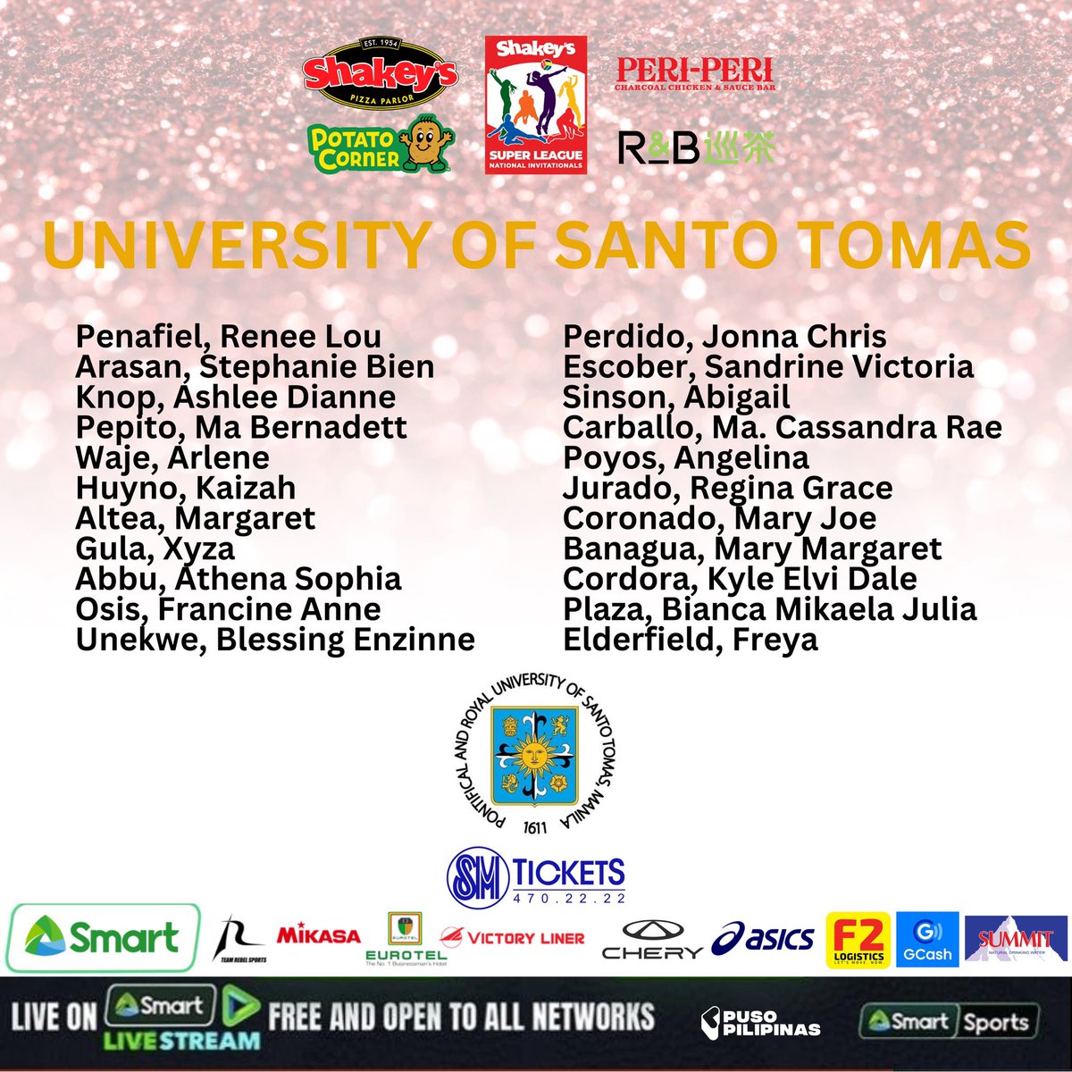 Here to complete the roster of players playing in the 2024 Shakey's Super League, the lineups from University of Perpetual Help System Dalta and University of Santo Tomas!

Visit smtickets.com to purchase tickets.

#SSL2024 #ShakeysSuperLeague #AllToPlay