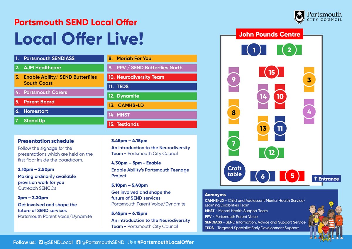 SendLocal's tweet image. Are you ready for Local Offer Live on Tuesday 1 October from 2pm - 6:30pm at the John Pounds Centre?

We're pleased to showcase the floor plan and presentation schedule for the event. 

There no need for a ticket - just turn up! For more, visit: portsmouthlocaloffer.org/live