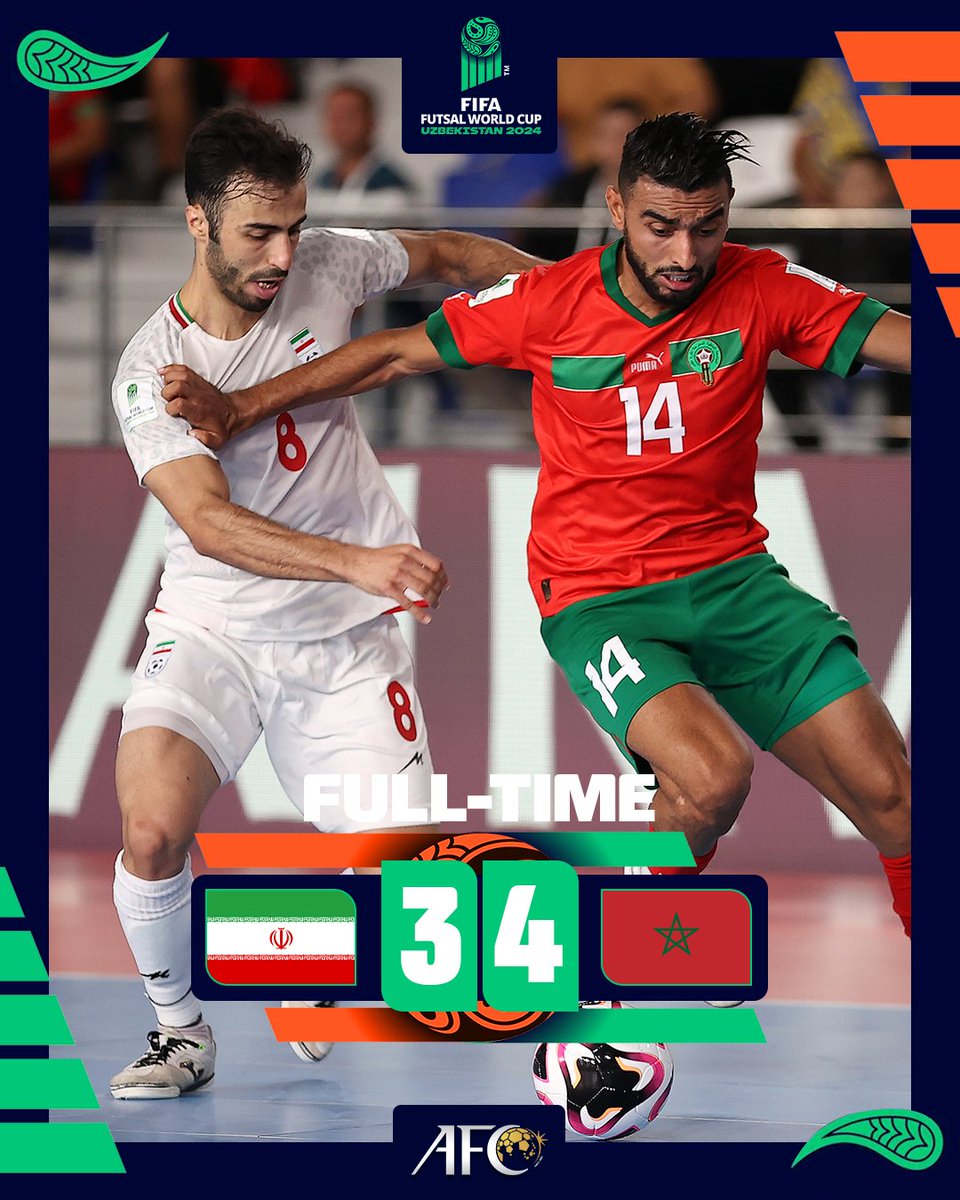 afcasiancup's tweet photo. FT | 🇮🇷 IR Iran 3️⃣-4️⃣ Morocco 🇲🇦

#ACFutsal2024 champions fall in the Round of 16 of the #FutsalWC! https://t.co/Eiau84cui9