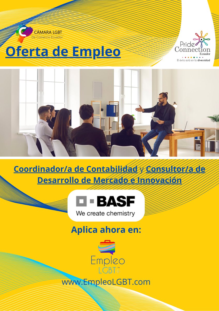 PrideEcuador's tweet photo. 🏳️‍🌈🏳️‍⚧️🇪🇨Oferta de #EmpleoLGBT+: 

Coordinador/a de Contabilidad y Consultora de
Desarrollo de Mercado e Innovación para BASF ECUADOR. Lee las bases, regístrate y aplica en https://t.co/4le11IHmLs. 

Un servicio de Pride Connection Ecuador
“El éxito está en la diversidad” 

🇪🇨🏳️‍🌈🏳️‍⚧️ https://t.co/UEJAeD5PMC