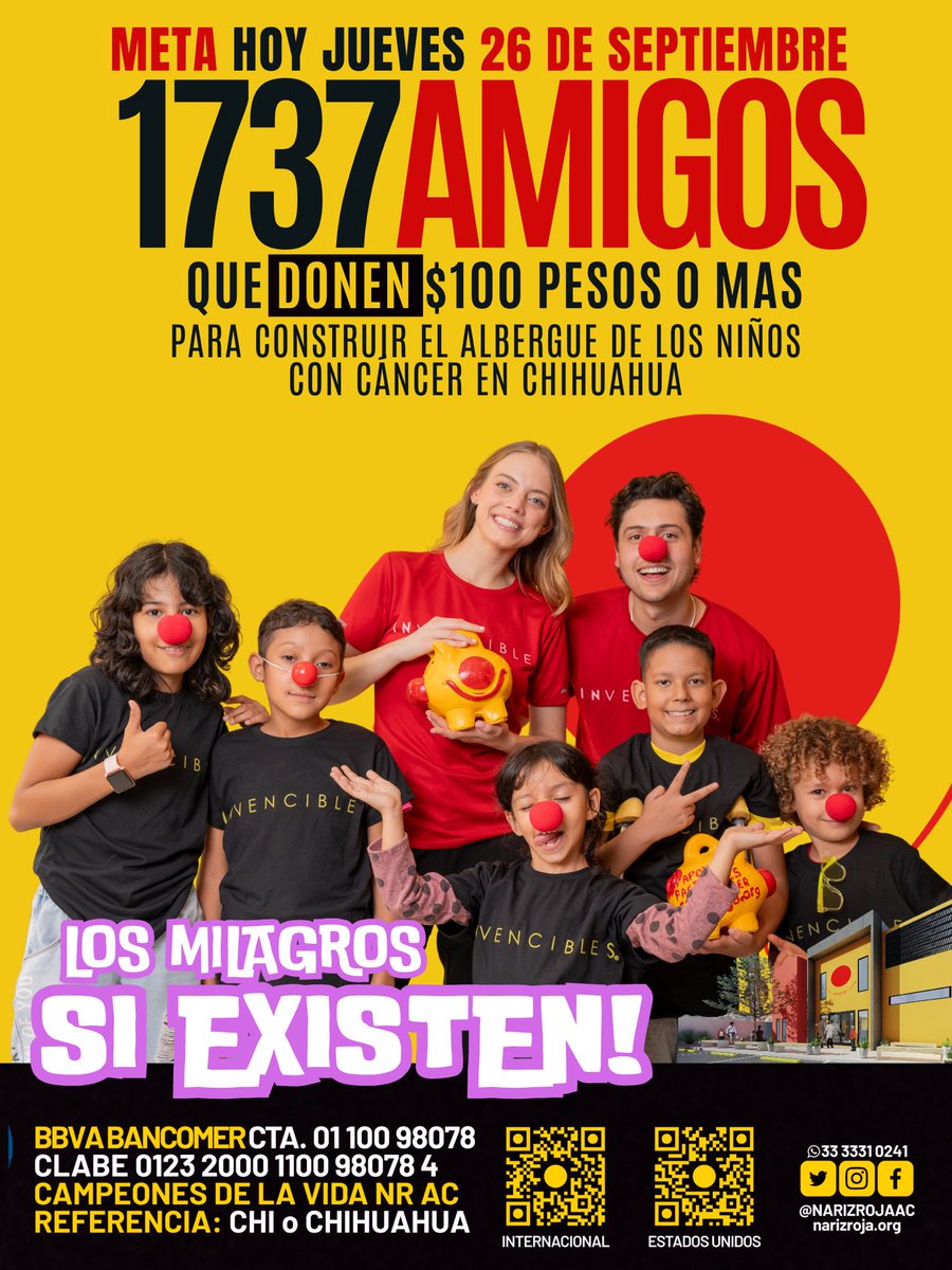NARIZROJAAC's tweet photo. #JuevesDeAyudar necesitamos 1737 amigos que #Donen $100 pesos o más para lograr la meta de este jueves y seguir avanzando en la construcción del albergue y comedor gratuito para niños y adolescentes que se atienden de cáncer en #Chihuahua
🇲🇽 BBVA Cuenta: 0110098078 Clabe: 012320001100980784 Campeones de la vida NR AC
🇺🇸 https://t.co/hIEg9vbDss
🌍 https://t.co/ohWwBix7n8
Los milagros SI existen! ❤️🔴🇲🇽