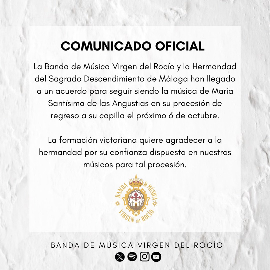 BMRocioMLG's tweet photo. 𝐎𝐅𝐈𝐂𝐈𝐀𝐋 | Acompañamiento musical tras 𝐌𝐚𝐫𝐢́𝐚 𝐒𝐭𝐦𝐚. 𝐝𝐞 𝐥𝐚𝐬 𝐀𝐧𝐠𝐮𝐬𝐭𝐢𝐚𝐬, de @HDescendimiento , que regresa a su capilla tras recibir culto en la Parroquia de San Gabriel Arcángel.

#SuenaelRocío #CofradíasMlg https://t.co/UP8E2LgHz6
