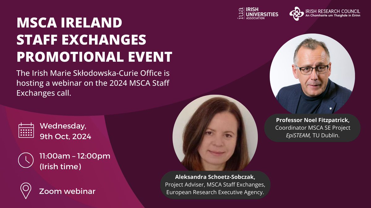 Irish Universities Assoc. (@iuaofficial) on Twitter photo Register for the <a href="/mariescurie_ire/">MarieS-Curie Ireland</a> Staff Exchanges Promotional event webinar! 🔗Visit: us02web.zoom.us/webinar/regist…
ℹ️The Staff Exchanges call funds international and inter-sectoral exchanges of staff involved in the research and innovation activities of participating organisations. Register for the <a href="/mariescurie_ire/">MarieS-Curie Ireland</a> Staff Exchanges Promotional event webinar! 🔗Visit: us02web.zoom.us/webinar/regist…
ℹ️The Staff Exchanges call funds international and inter-sectoral exchanges of staff involved in the research and innovation activities of participating organisations.