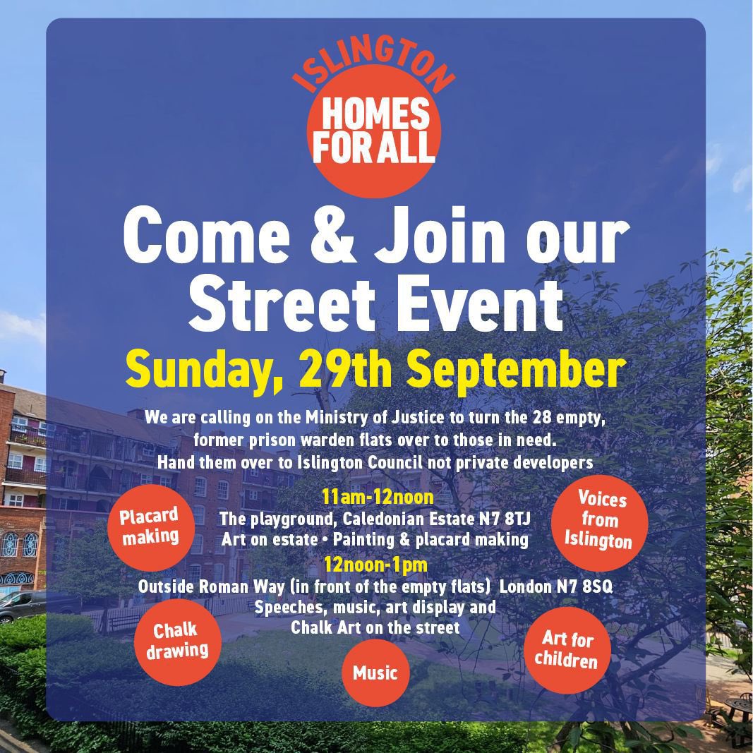 Would be great to c u at our action Sun 29 demanding 28 former prison warden flats be leased to Islington council for families in desperate housing need. Art &amp; placard making Caledonian estate at 11 &amp; speeches and art display outside flats Wellington Mews, Roman Way N7 8SQ 12-1
