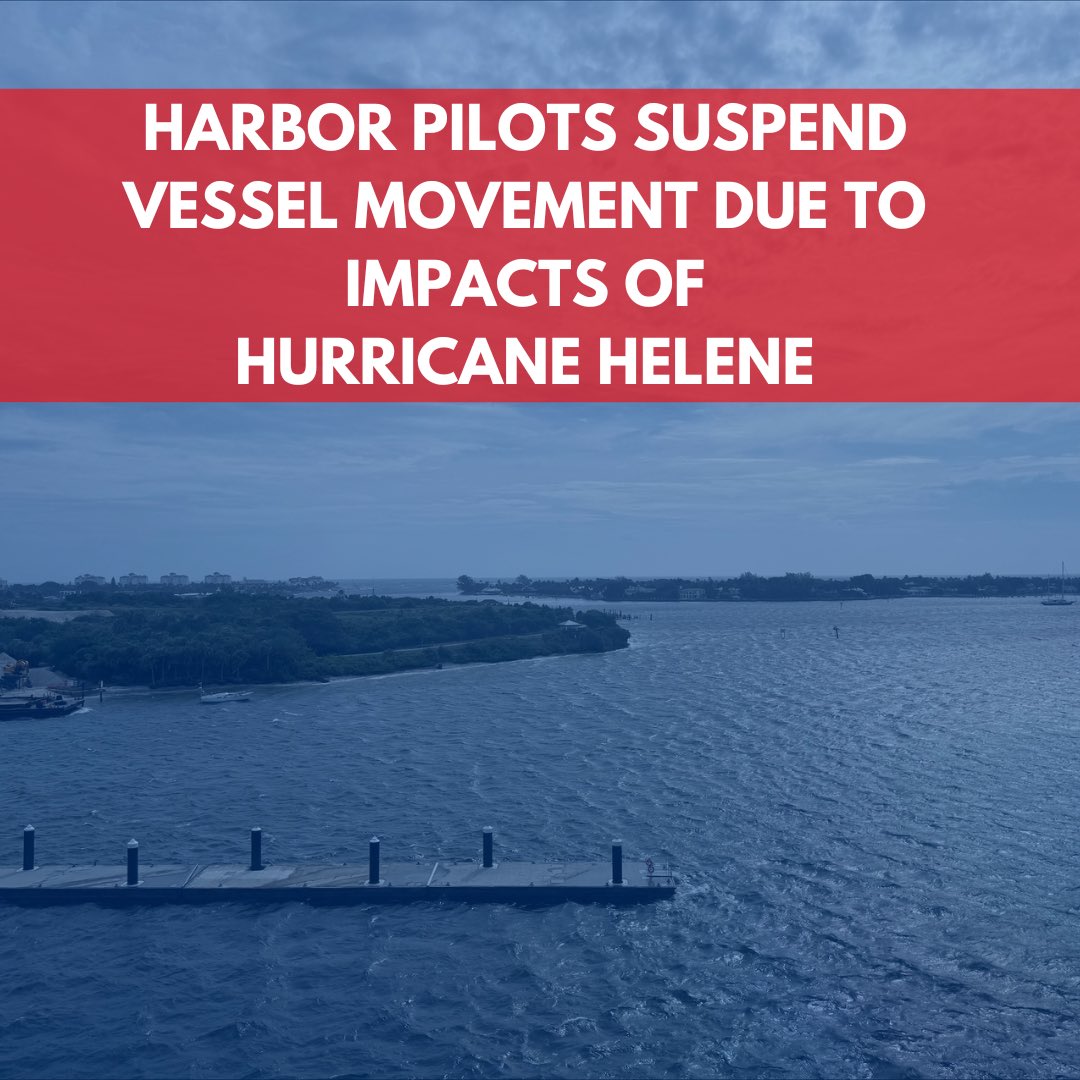 PortofPalmBeach's tweet photo. Weather Notification! 

We will provide an update as soon as the harbor pilots advise the Port that it is safe for them to navigate vessels in the Lake Worth Inlet. #hurricanehelene https://t.co/8sUPQmZLIq