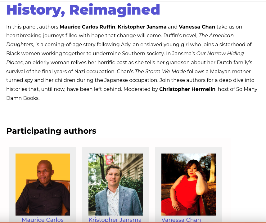 vanjchan's tweet photo. Come join me -- with @MauriceRuffin @KristopherJans in convo with @SoManyDamnBooks at the @BKBF this sunday! 3pm/free! We will talk about histories and our books, about strong women - and obviously we're gonna have a blast. https://t.co/hJqBeoiyqE