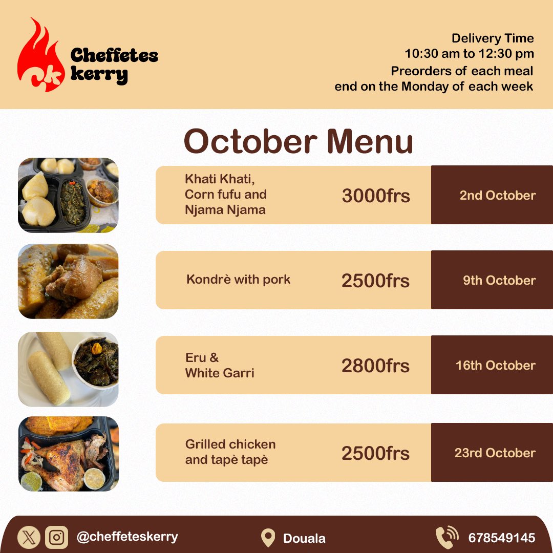 Hi foodies, my October menu is out. Please share  and patronize. 
Thank you🤎🙏🏾

My logo and flyer was designed by the talented <a href="/nustapeter/">Busty</a>