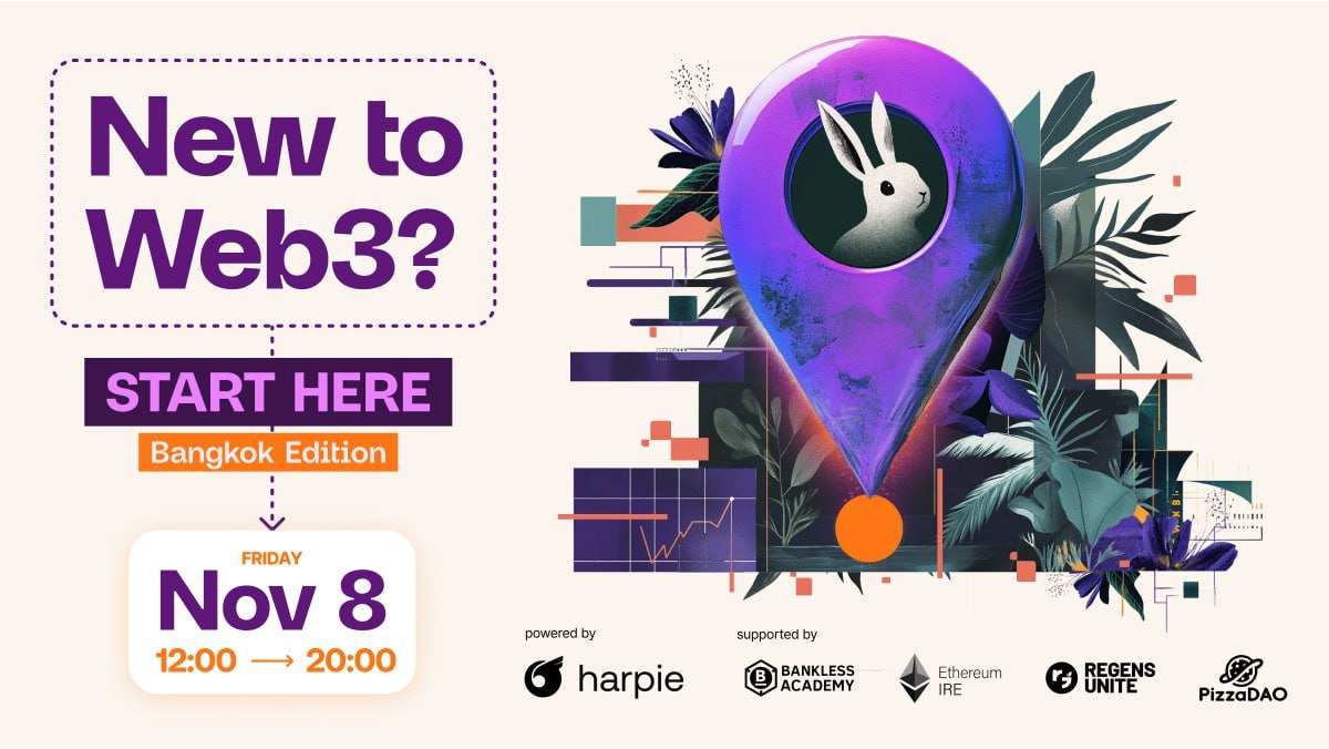 Hey, Bangkok! 🇹🇭 Ready to start your onchain journey?

"New to Web3? Start Here" is a day of activities to get you from 0 to 1 in Web3 -  powered by <a href="/harpieio/">Harpie</a> 🔥 

🤝 Honored to host alongside <a href="/CaolnBreathnac1/">🇮🇪 Caolán Breathnach</a> @corinnaschlicht <a href="/guil_is/">Guil is in Buenos Aires 🇦🇷 🌱 🌈</a>

Register now 👇🏻 🧵