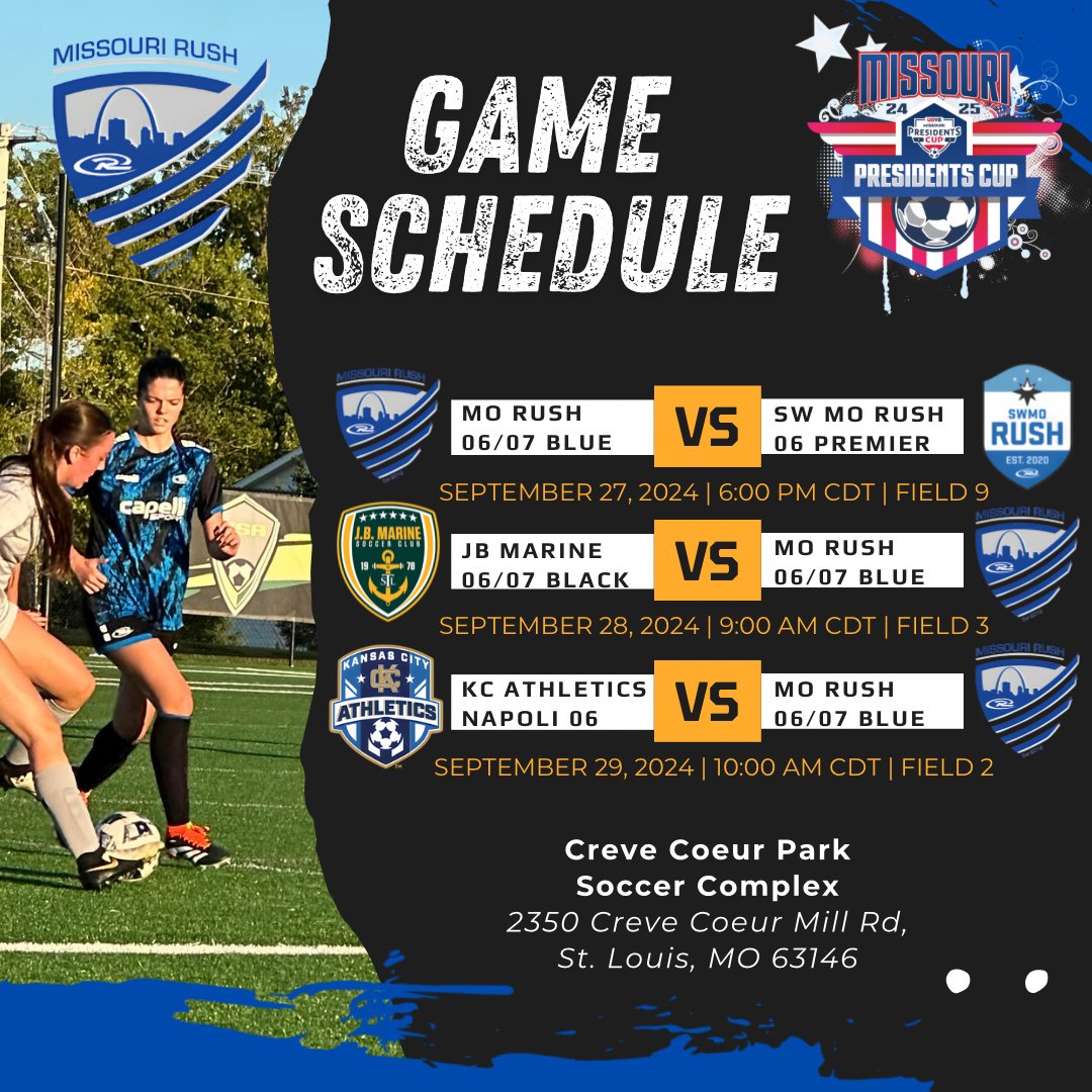 We will be playing in the Missouri Presidents Cup this weekend! Game schedule below!👇🏼