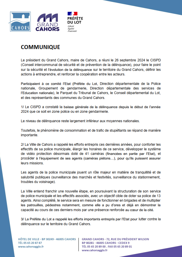 Prefet46's tweet photo. #CISPD Grand Cahors | Une baisse de la délinquance est constatée depuis le début de l'année compte tenu d'une présence renforcée des forces de sécurité sur la voie publique. Les priorités restent la lutte contre la conso et le trafic de stupéfiants & les violences intrafamiliales https://t.co/Z1DsECQdeQ