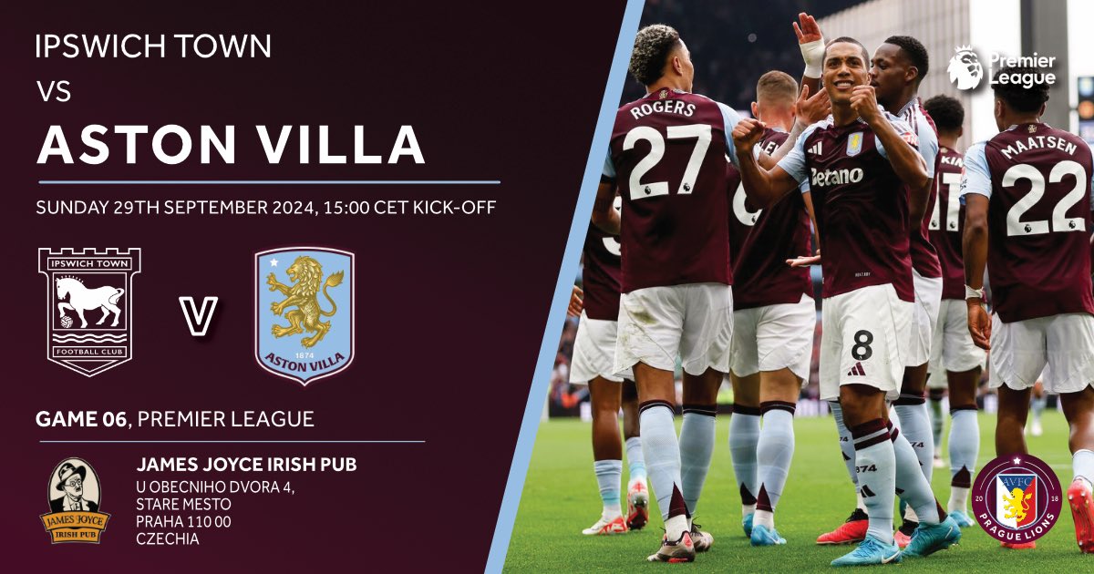 Game 06 Premier League. <a href="/AVFCOfficial/">Aston Villa</a> vs <a href="/IpswichTown/">Ipswich Town</a>. If you’re in town on Sunday 29th, join us @ James Joyce Irish Pub, U Obecního dvora 4 from 14:30 CET. UTV 💜🩵