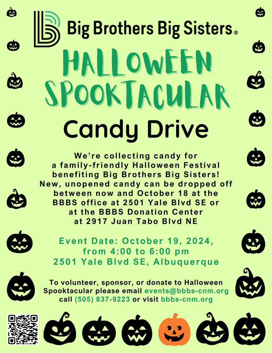 BBBSNM's tweet photo. Big Brothers Big Sisters is having a Candy Drive for Halloween Spooktacular! It's a family-friendly Halloween festival and we need lots of candy! New, unopened candy can be dropped off at the BBBS office or Donation Center. Thank you for helping us make it Spooktacular! https://t.co/E0aLseo0MQ