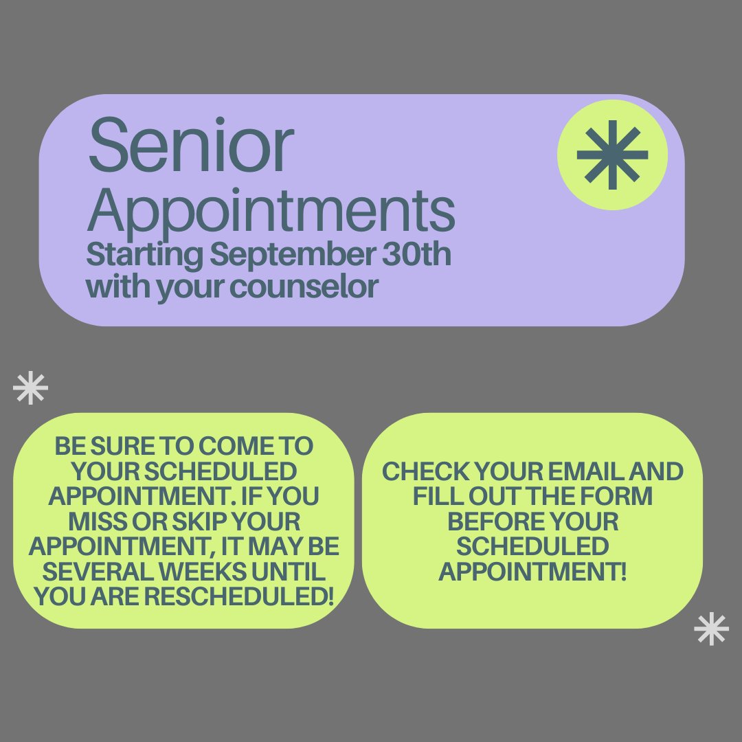 HHS_Counselor's tweet photo. ! ATTENTION SENIORS !
Senior appointments with your counselor start Monday, September 30th and will run through October/November. Be sure to check your email and attend your scheduled meeting! Thank you for your patience as we get through everyone! https://t.co/qlWMU2vddo