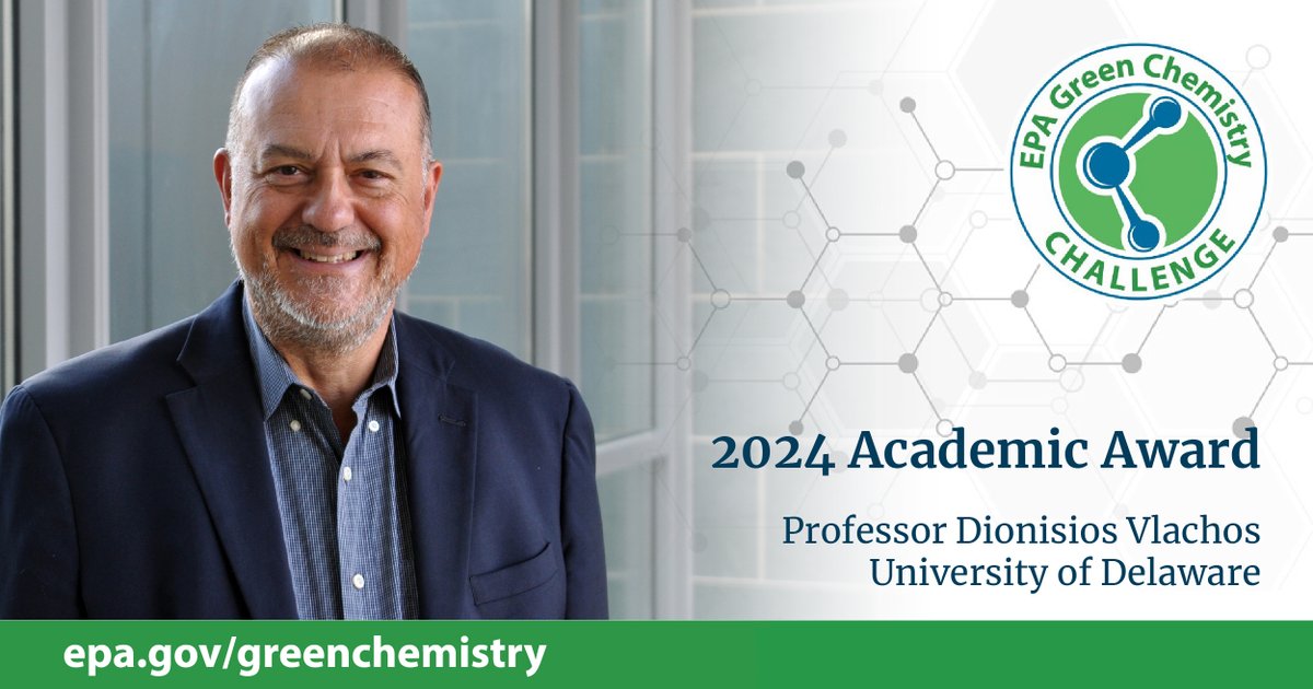 Congratulations to our own Dion Vlachos who has received the U.S. EPA’s 2024 Green Chemistry Challenge Academic Award for the research and development of lubricant base oils from plant or food waste biomass. udel.edu/udaily/2024/se…
