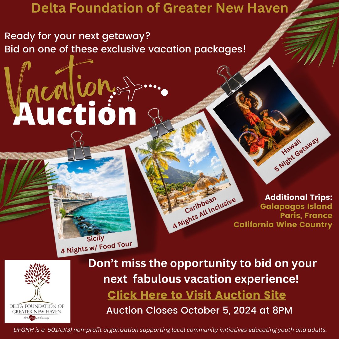 dfgnhct's tweet photo. Vacation Auction!

Looking for your next getaway? Check out our silent auction and bid on amazing vacation experiences! Your bids could not only score you an incredible vacation but also helps make a difference in our community. https://t.co/W8bJeEirAc #DFGNHAUCTION https://t.co/FegzLrS2ix