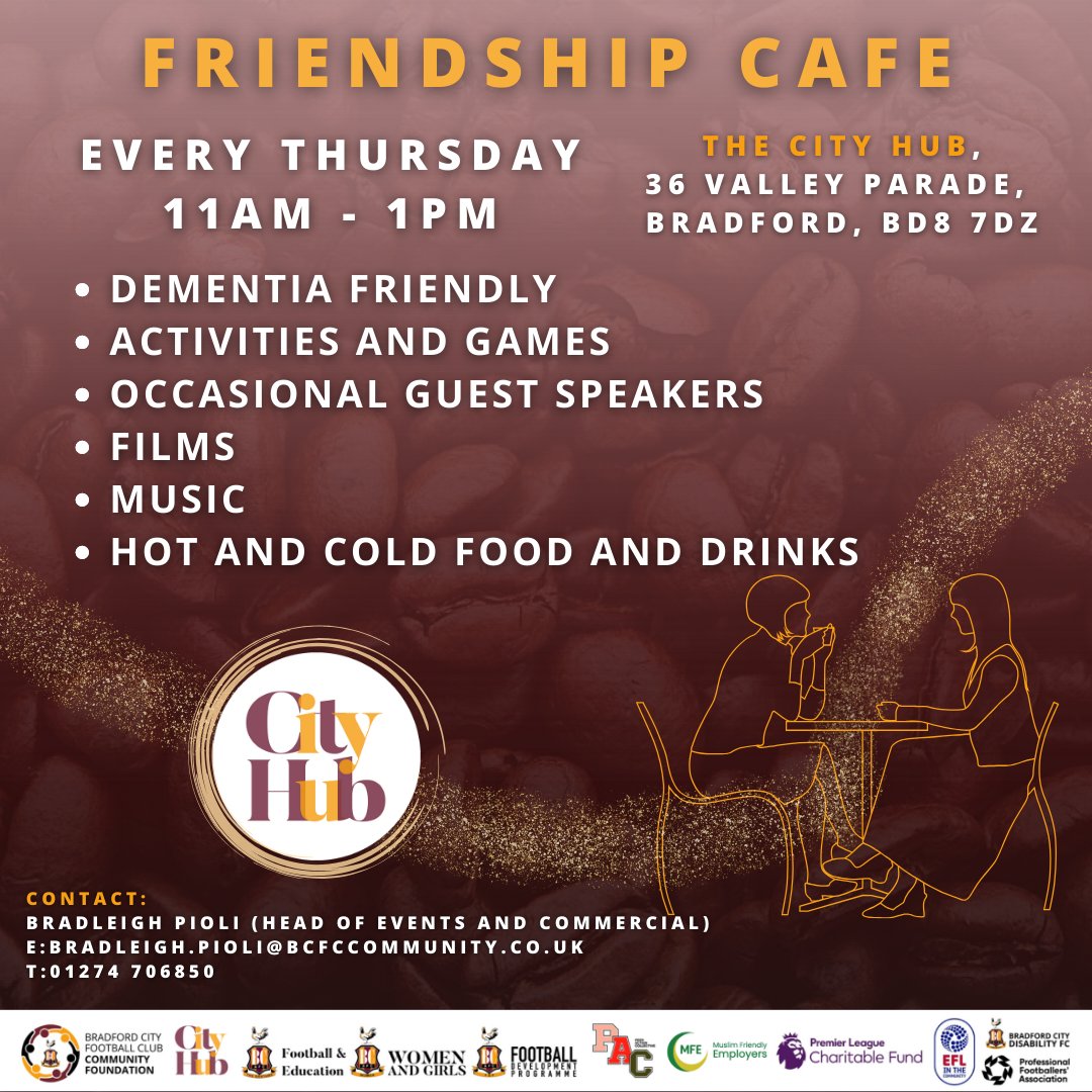 bcafc_cf's tweet photo. ☕️ | #CityHub 

ICYMI: The City Hub has new opening times:

🗓️ Monday - Wednesday: 11AM-3PM

🧑‍🤝‍🧑 #FriendshipCafe every Thursday: 11AM-1PM

🥫 All-new #foodpantry: 1:30PM-4PM

🌈 Friday starting 18th October: @TheRainbowCare1 #dementia day care club, 10AM-4PM

#Bantams | #BCAFC https://t.co/uHX7RITdRs